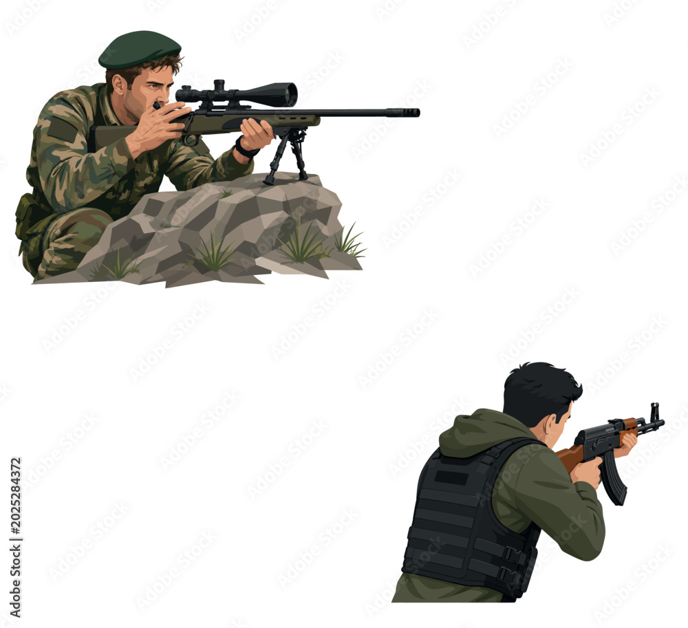 Fototapeta premium Vsai two soldiers aiming rifles during a military operation