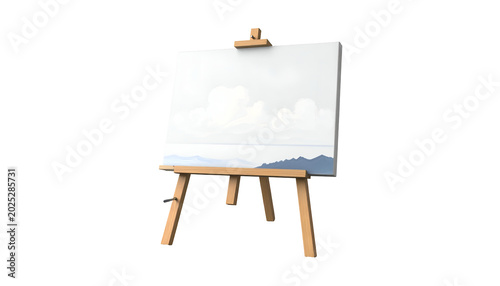 Painting on Easel Realistic Landscape Art White Sky Clouds Blue Water