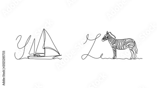 ABC. Black continuous line drawings of letters Y,Z paired with yacht,zebra on white background, early education concept, creative typography design, alphabet learning resource