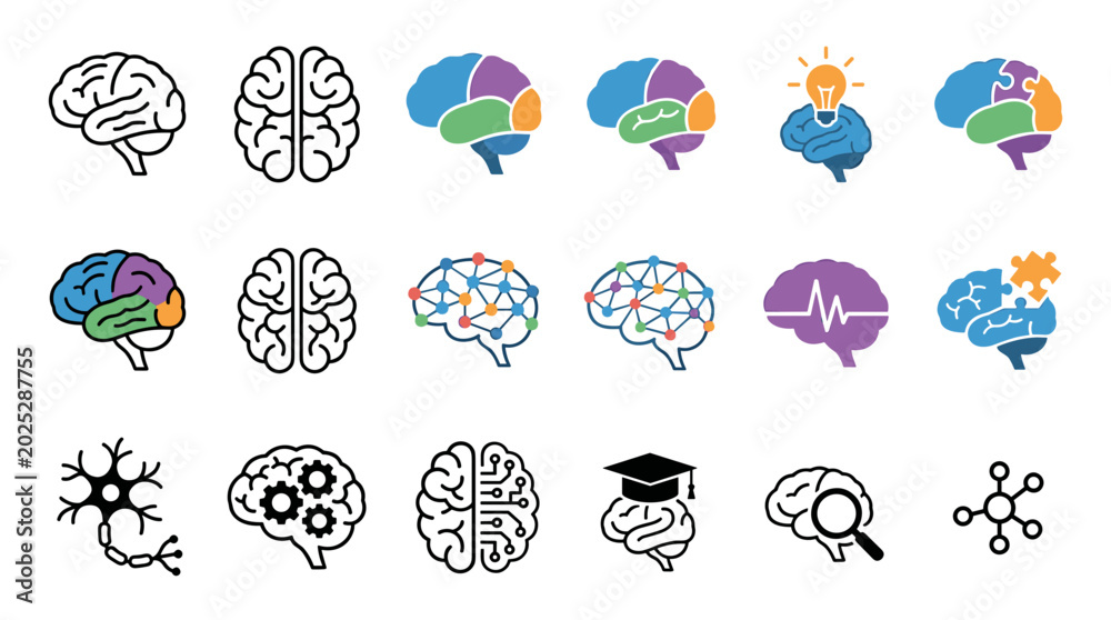 Fototapeta premium Neuroscience Brain Icons and Technology Illustration Set