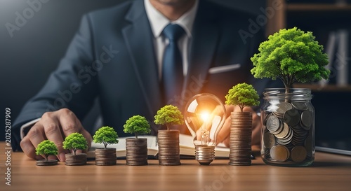 Sustainable business investment and financial growth. Green energy economy and profit. Businessman sitting behind coin stacks with trees and a glowing light bulb for ideas.