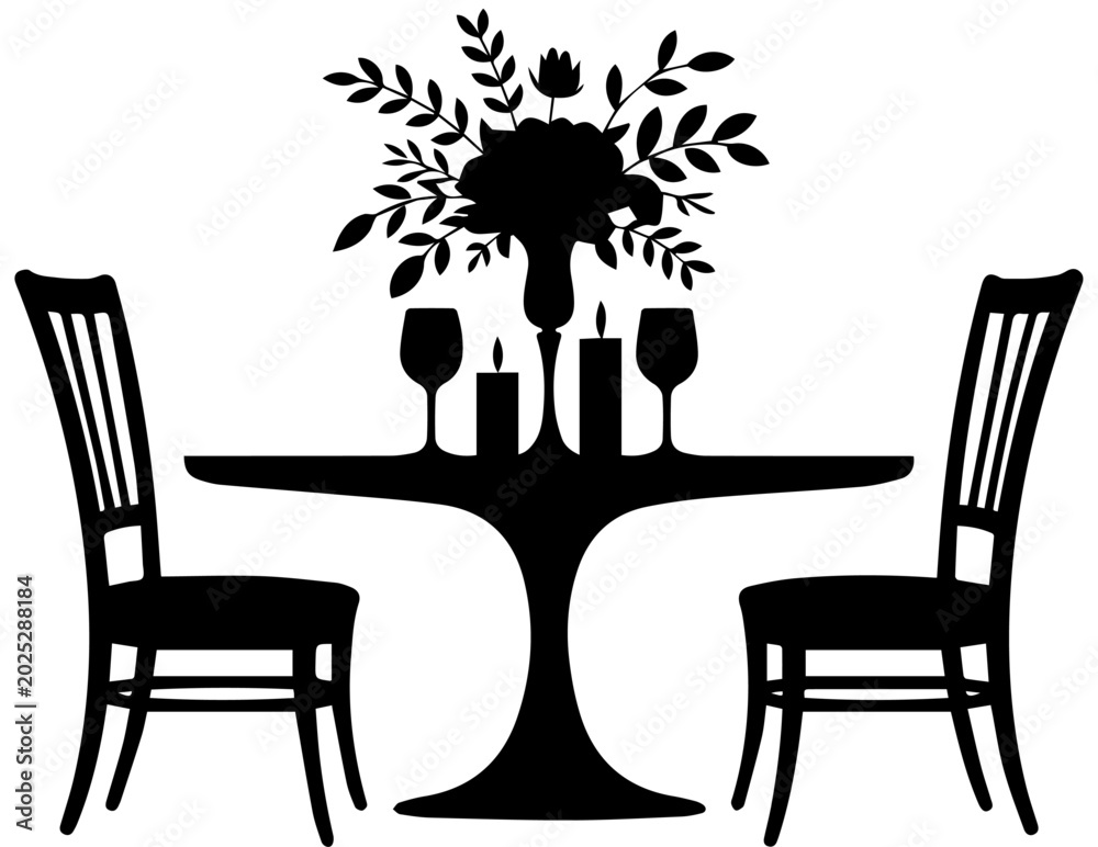 Fototapeta premium Black Silhouette of a Romantic Dinner Table for Two with Chairs Flowers and Candles