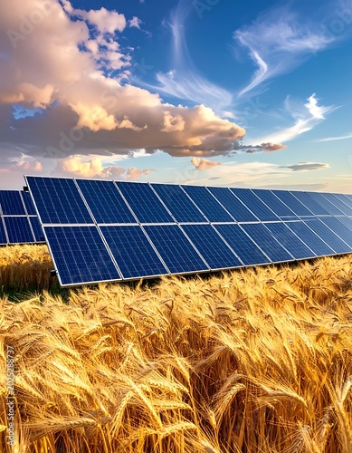 A serene wheat field with solar panels under a blue sky