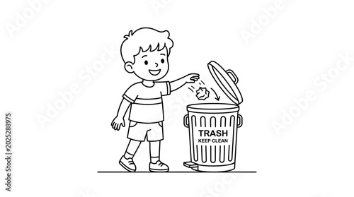 Young child throwing trash into recycling bin line art illustration