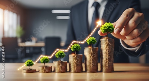 Stacks of gold coins with growing trees and rising line graph. Financial performance and capital growth. Businessman hand reaching toward a bonsai tree on top of a money pile