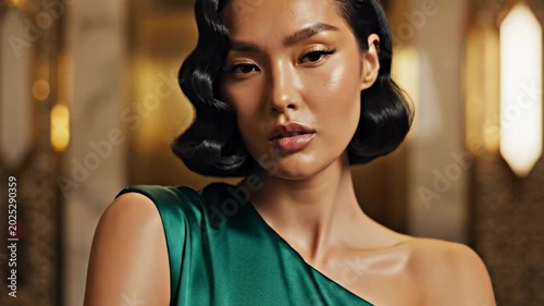 Hot model in emerald one shoulder satin dress, glossy waved bob hairstyle, confident beauty portrait inside warm golden luxury hallway with soft arch lights and polished editorial glamour mood
