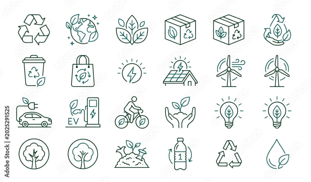 Fototapeta premium Professional eco recycling vector icons with environmental sustainability and renewable energy symbols