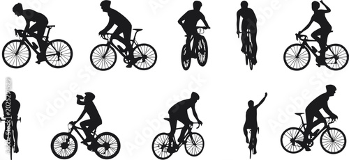 Cuadro en lienzo Cyclist silhouette collection featuring bicycle riders in racing and casual poses isolated on white background