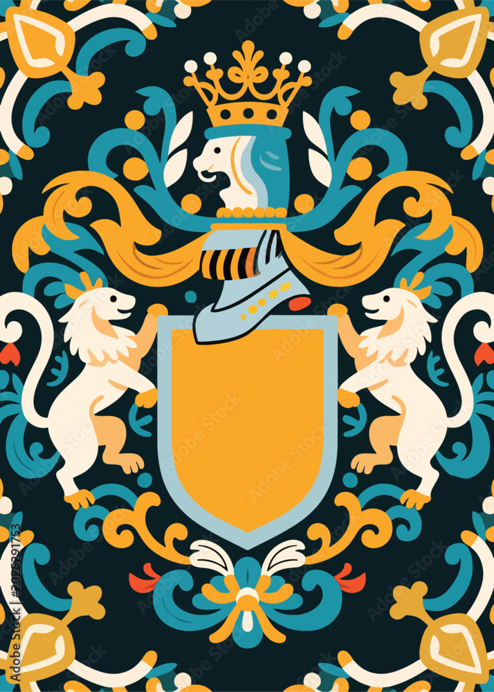 Fototapeta premium Shield Lion King Heraldry Ornament Pattern Background Illustration Creative Design Template 