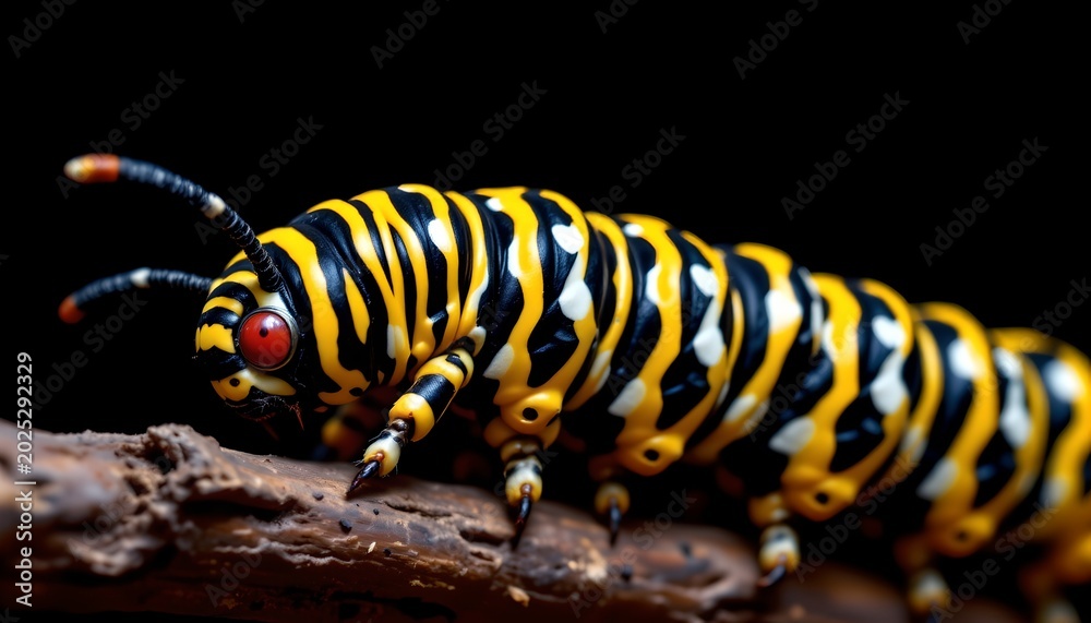 Naklejka premium The image features a close up of a brightly colored caterpillar crawling along a textured surface