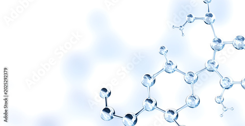 Vertical or horizontal banner with abstract molecular structure. Glass atom model of blue color on white background, providing ample space for textual content. Copy space for your text. 3d render