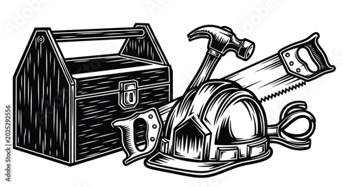 Black and white illustration of carpentry tools and a toolbox