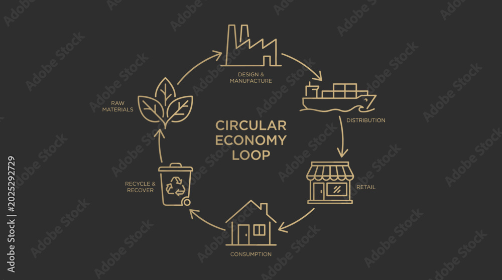 Fototapeta premium Circular Economy Loop Infographic Illustrating Sustainable Business Lifecycle with Recycling and Manufacturing Icons