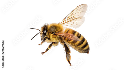 A macro shot of a wild striped honey bee insect animal flying with detailed wings isolated on transparent background cut out