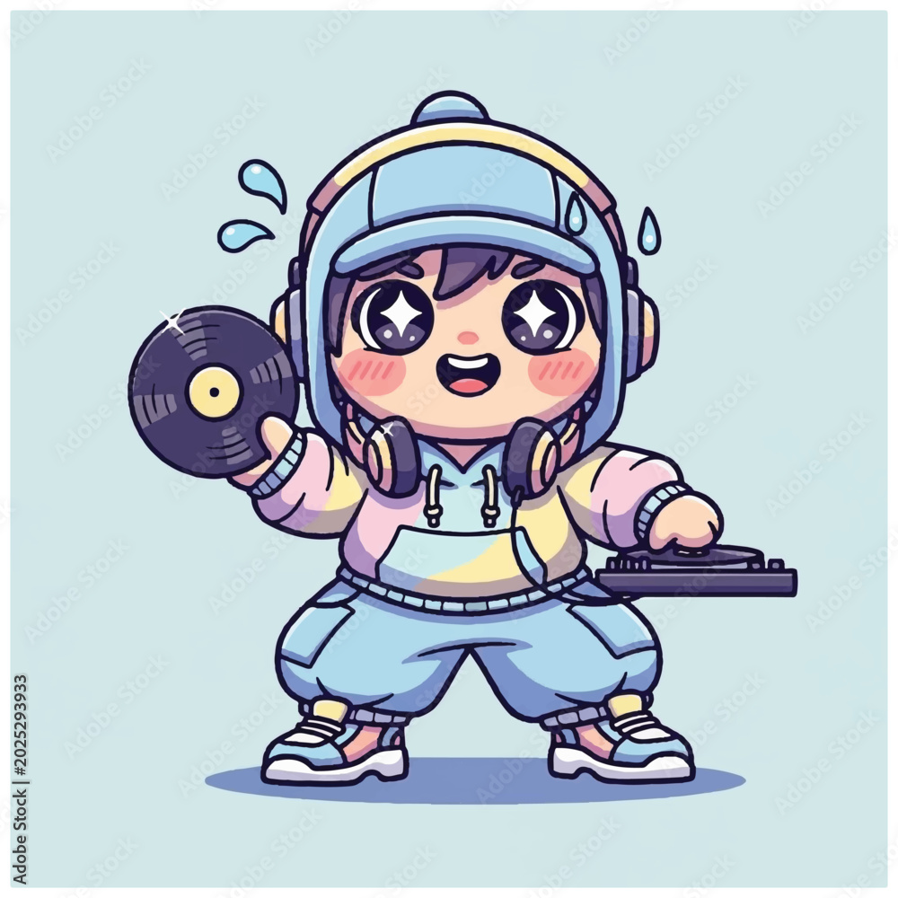 Obraz premium Cartoon kid DJ holding vinyl record.
