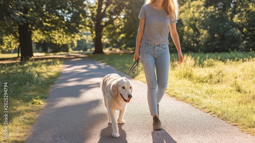 A dog and a woman in jeans and a gray t-shirt stroll down a park path. Sunlight, grass, and green trees on a sunny day. A pet owner walks outside with their dog buddy