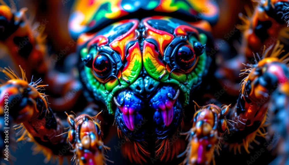 Fototapeta premium The image features a close up of a vibrantly colored insect, highlighting its detailed and striking face