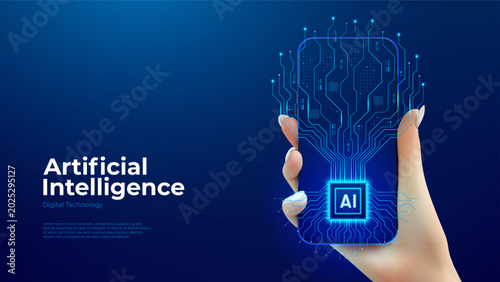 Futuristic technology AI banner concept. Woman hand holds phone with conceptual AI semiconductor chip with circuit lines forming silhouette of digital tree. Mind of artificial intelligence. Vector.