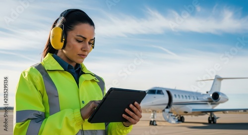 Female Airport Ground Crew Member Using Digital Tablet for Maintenance Check Near Private Jet on Tarmac