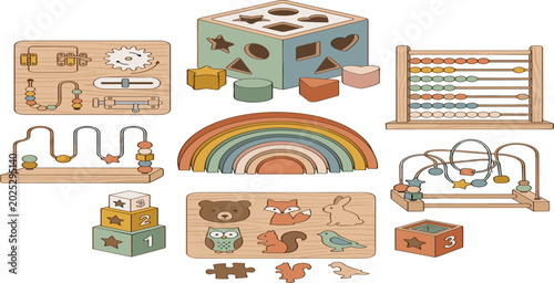 Vászonkép Wooden Educational Montessori Toys Vector Set Featuring Busy Board Shape Sorter