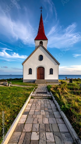 A serene white church with a red steeple on a sunny day