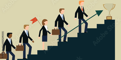 Canvas-taulu business people climbing staircase with trophy and arrow illustration