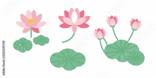 Schilderij op canvas pink lotus flowers and green lily pads flat vector illustration