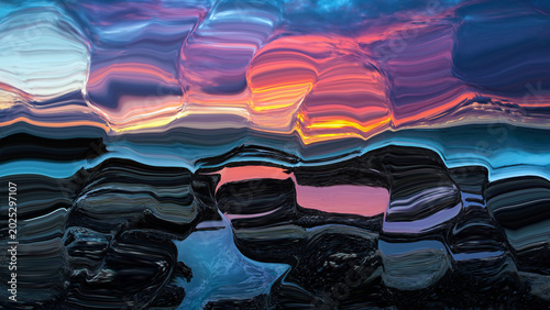 Abstract Distorted Sunset Coastline Art: Fluid Liquefy Digital Painting Pattern Marbled Landscape