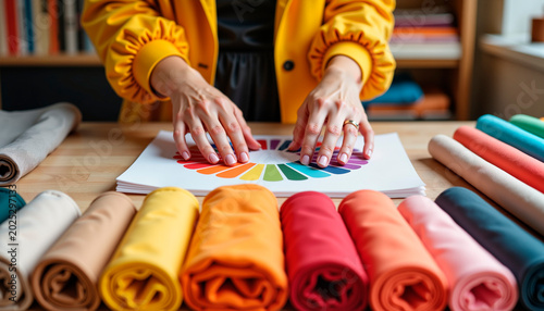 Fashion designer arranging fabric swatches on table with color palette  