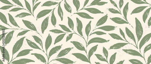 Obraz na plátně Elegant botanical seamless pattern featuring textured sage green leaves on a light beige background