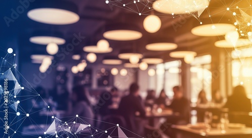 Modern office with blurred figures at desks under warm lights. Digital network overlay symbolizes data flow and connectivity. Perfect for corporate, technology, and workplace concepts.