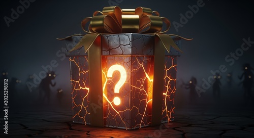 A glowing mystery box with golden bow in darkness, surrounded by silhouettes. Orange cracks emit light from within, with a question mark shining on front. Represents curiosity and surprise.
