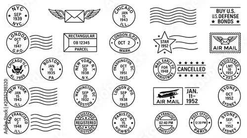 Vintage postal stamp seals set with air mail, cancellation dates, wavy cancellation lines, and registration marks