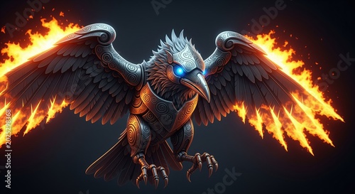 A majestic mechanical bird with metallic bronze and silver plumage spreads fiery wings ablaze with orange flames. Features intricate details, glowing blue eyes, and sharp talons.