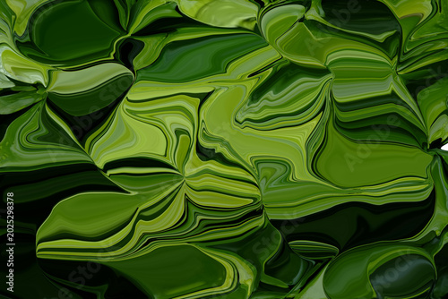 Dark Olive Green Liquid Marbling Texture with Abstract Organic Foliage Pattern