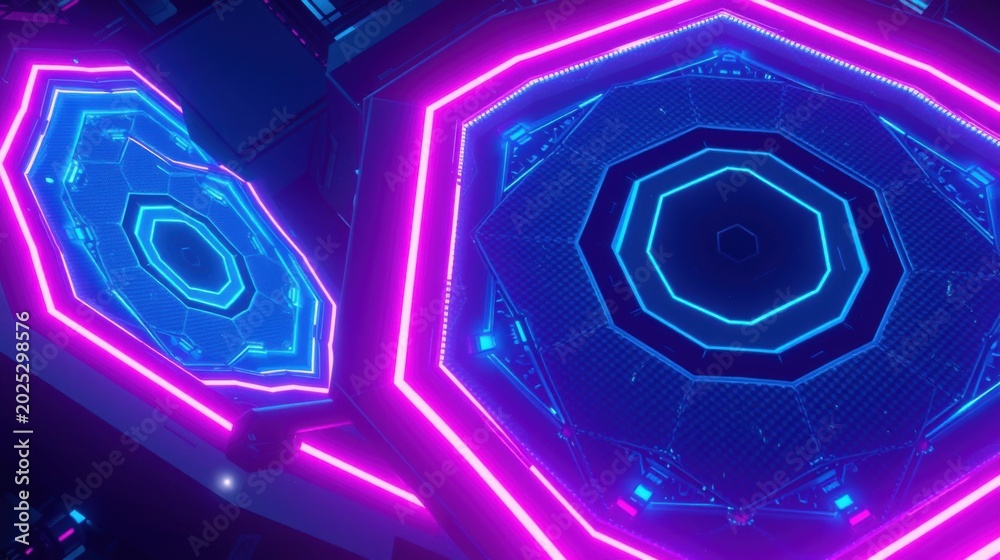 Fototapeta premium Neon hexagons glow, creating futuristic tunnel effect. Bright blue, purple lights dominate dark background. Complex geometric patterns visible.