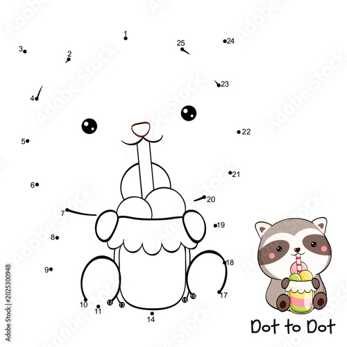 Connect The Dots and Draw Cute Raccoon. Dot to dot puzzle - little raccoon drinking a smoothie through a straw. Educational Game for Kids. Drawing for Preschool children. Vector Illustration EPS8