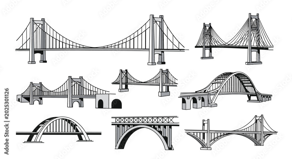 Fototapeta premium Set of architectural bridge sketches featuring various suspension and arch designs in black and white line art for engineering projects.