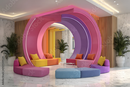 Modern interior design featuring a colorful circular architectural installation with integrated seating. A bright, welcoming space