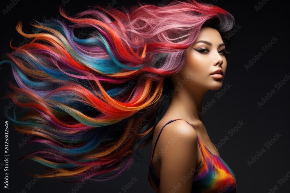 Naklejka premium Beauty fashion model girl with colorful rainbow hair on black background