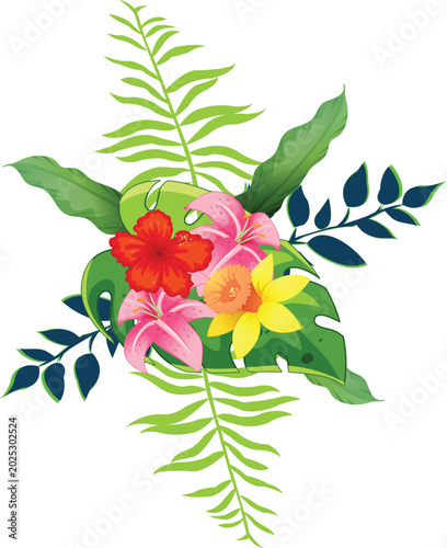 Stylized tropical floral design with red hibiscus, pink lilies, yellow daffodil, glossy monster leaves, and fern fronds on white background in a bold, symmetrical graphic illustration