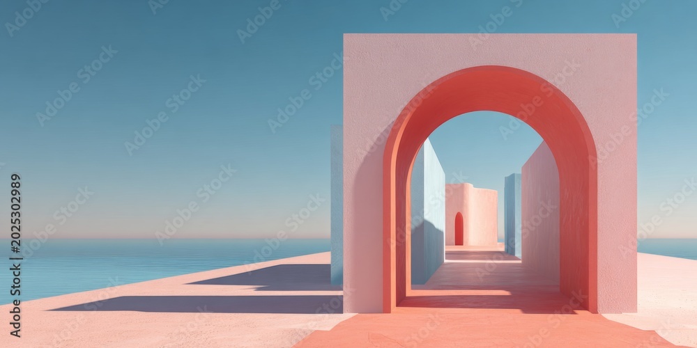 Fototapeta premium Serene Architectural Passage with Minimalist Arches Overlooking Calm Water and Clear Sky in a Dreamlike Landscape
