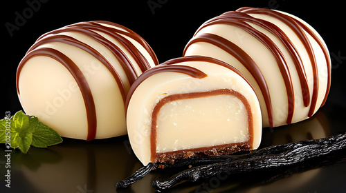 White chocolate truffles, cream filled, drizzled with chocolate, vanilla bean