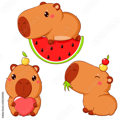 Baby collection of little capybara in different poses. Sweet baby animal in kawaii style. Set of cute cartoon pet. Can be used for t-shirt print, sticker, badge, greeting card design. Vector EPS8