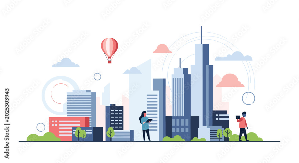 Obraz premium Modern city landscape featuring tall skyscrapers under a hot air balloon with people using digital tablets outdoors.