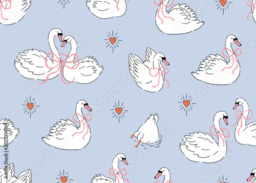 Quadro em tela Cute love cygnet seamless pattern in tattoo style Vector white swans with pink bows on blue background