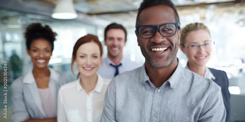 Fototapeta premium Young woman with tablet smiles confidently in a modern office setting with a cityscape background, showcasing professionalism and innovation in the workplace