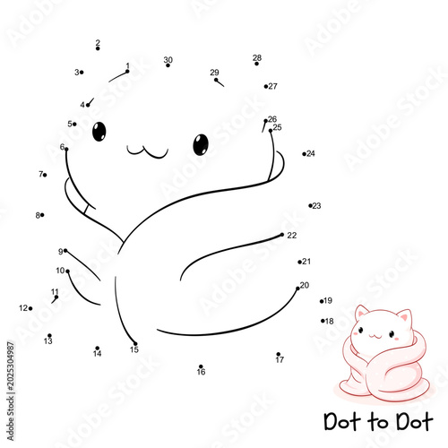 Connect The Dots and Draw Cute Cat. Dot to dot puzzle - cartoon little kitty. Educational Game for Kids. Drawing for Preschool children. Vector Illustration EPS8