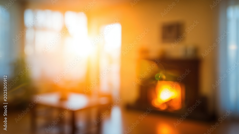 Fototapeta premium Warm light fills a living room from a fireplace during late afternoon