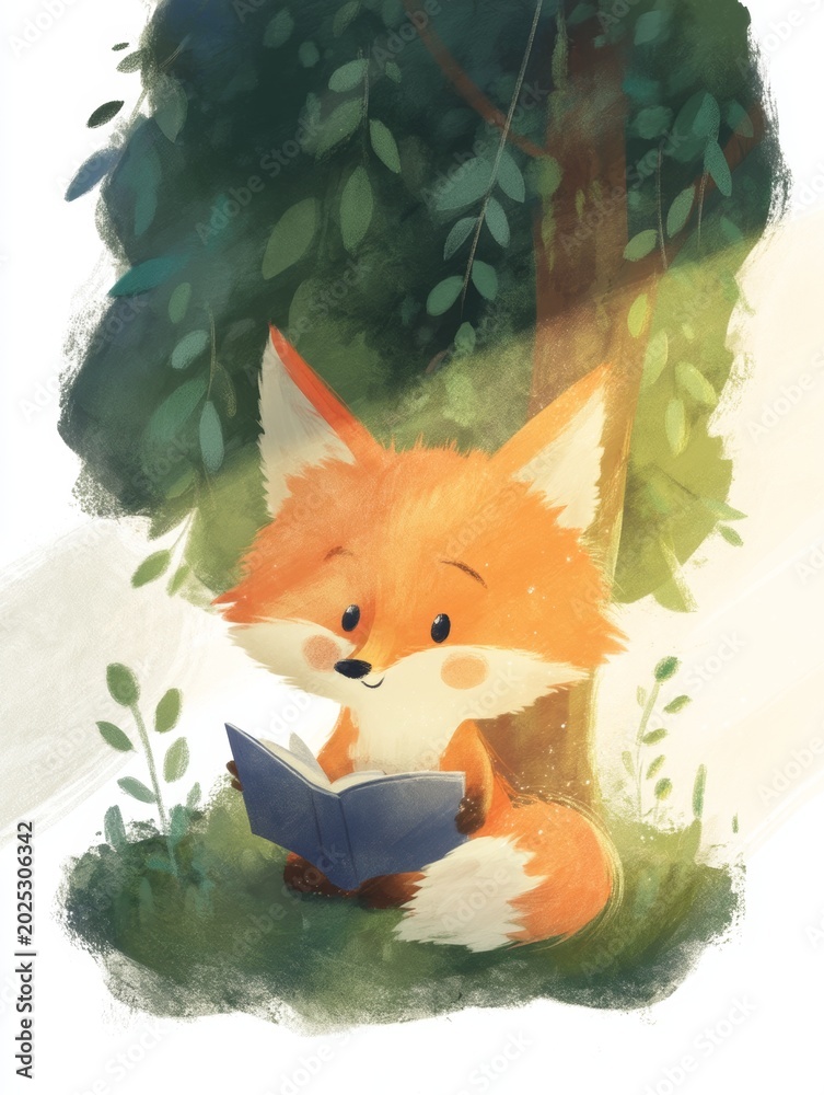 Naklejka premium Adorable Cartoon Fox Reading a Book in the Woods